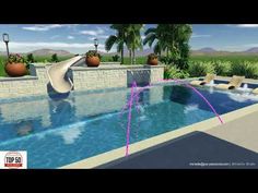 an animated view of a swimming pool with a slide