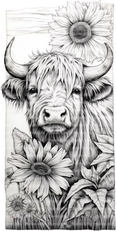 a drawing of a bull with sunflowers