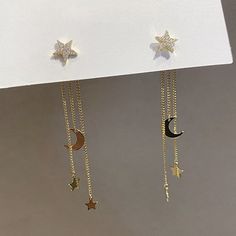 14k Gold Plated Brass Cz Stars Moon Dangle Studs Come With Jewelry Box. Size: 5.5cm X 1cm Ready To Ship In Same Day Or Next Business Day. Star Earrings Dangle, قلادات متدلية, Moon Drop, Moon And Star Earrings, Long Tassel Earrings, Star Earrings Stud, Star Moon, Pretty Jewelry, Moon Earrings