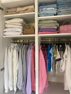 an organized closet with clothes and handbags