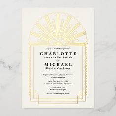 the front and back of a wedding card with gold foil on it, featuring an art deco