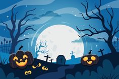 halloween scene with pumpkins and bats in front of a full moon, graveyard and cemetery