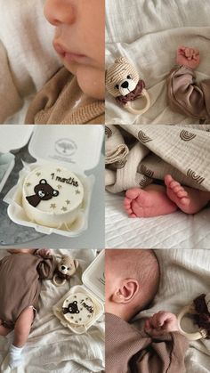 a collage of photos with baby's first birthday cake and teddy bear decorations