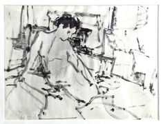 a black and white drawing of a woman sitting on a chair