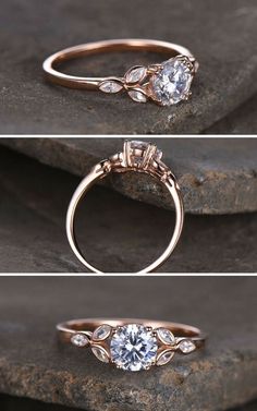 three different views of an engagement ring with diamonds on the side and in the middle