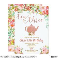 a tea party with pink roses and gold foil lettering on the front, along with a floral frame