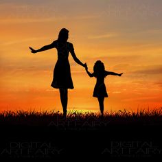 the silhouette of a mother and daughter holding hands at sunset