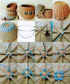 several baskets and bowls are arranged on a bamboo mat, with yarn in the middle