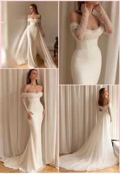 a collage of photos showing the back and side of a woman in a wedding dress