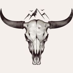 a bull's skull with long horns and mountains in the backgroung