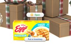 three packages of eggo buttermilk wrapped in brown paper and tied with ribbon