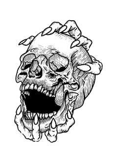 a black and white drawing of a skull with its mouth open