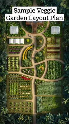 an aerial view of a garden layout with the words sample veggie garden layout plan