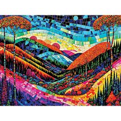 a colorful painting with trees and mountains in the background, all made up of multicolored tiles