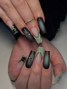 Black Prom Nails Coffin, Matte Black Acrylic Nails Designs, Glam Black Nails, Scorpio Nails Acrylic, Green And Silver Nail Designs, Low Rider Nails, Chicano Nails Designs, Lowrider Nail Designs, Mafia Nails