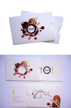 two cards with different designs on them, one has a fork and knife in it