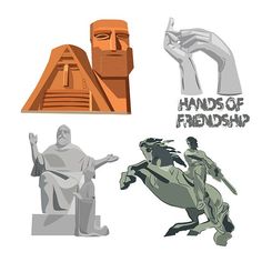 four different types of statues with the words hands of friendship