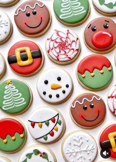 many decorated cookies are displayed on a white surface with christmas themed frosting and decorations