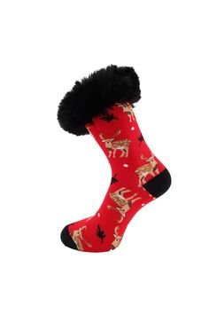 Keep your feet warm in style with these red cotton socks featuring a Christmas reindeer design and contrasting black faux fur trim.  100% Natural Cotton 15% Acrylic 85% Modacrylic Christmas Shop, Christmas Accessories, Christmas Socks, Black Faux Fur, Stocking Fillers, Cotton Socks, Christmas Reindeer, Fur Trim, Christmas Shopping