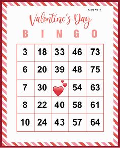 valentine's day bingo game with hearts on the front and red stripes around it