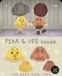 two children's sweaters are shown in different colors and sizes, with the words pika & vee hoodie on them