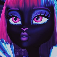 a close up of a person with pink hair and blue eyes wearing black cat makeup