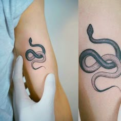 two pictures of the same tattoo on someone's arm, one with a snake