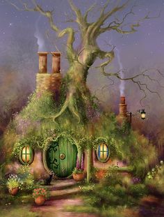 a painting of a house with a tree growing out of it