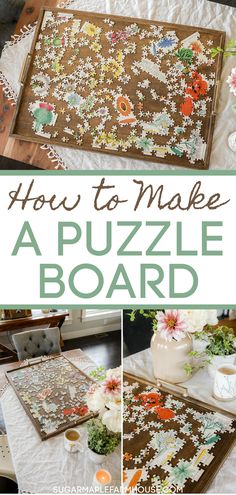 how to make a puzzle board with flowers on it and the text overlay says, how to make a puzzle board