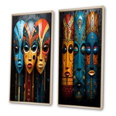 two framed canvases with colorful masks painted on them