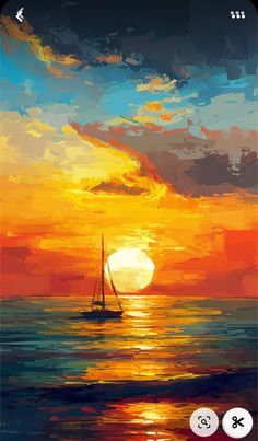 a painting of a sailboat in the ocean at sunset