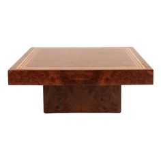 a square wooden table with a white stripe on the top and brown wood inlays