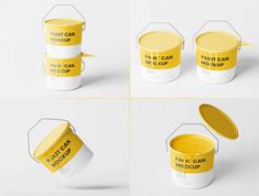 four different views of paint can mockups