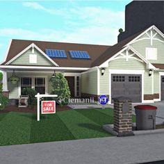 an artist's rendering of a house with solar panels on the roof and for sale sign in front