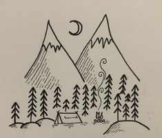 a drawing of mountains with trees and a tent in the foreground