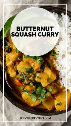 butternut squash curry in a bowl with rice and cilantro on the side