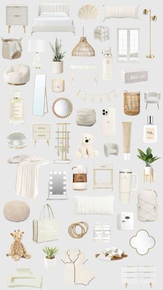 a collage of white furniture and accessories