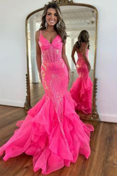 Sparkly Mermaid Spaghetti Straps Hot Pink Prom Dress PSK568-Pgmdress Prom Dress With Ruffles, Hot Pink Prom, Hot Pink Prom Dress, Glitter Prom Dress, Sparkly Prom Dress, Spaghetti Strap Prom Dress, Pink Mermaid, Pink Prom Dress, Pink Formal Dresses