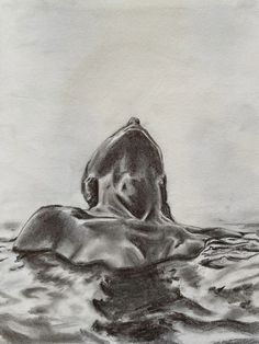 a drawing of a person floating in the water with their head above the water's surface