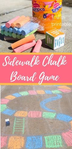 sidewalk chalk board game with crayons and play dough on the ground next to it