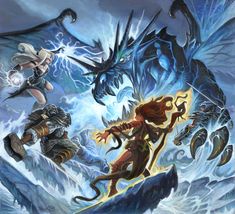 an image of some people in front of a dragon and other characters on the water