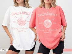 Are you searching a unique shirt for your disco bachelorette party? This beautiful Comfort Colors t-shirt, with a trendy design, is meant to bring some fun to your bachelorette party as you and your girlfriends will have matching clothes to celebrate this special occasion. If you know someone who is planning to have their last disco party soon, this tee would make a great gift for them.  Check out more unique and funny designs in our shop, including more bridal party gifts: https://www.etsy.com/ Disco Bachelorette Party Shirts, Disco Bach Party, Disco Ball Sorority Shirt, Last Disco Party, Disco Bachelorette Party T-shirts & Tank Tops, White Graphic Print T-shirt For Bachelorette Party, Disco Bachelorette Party, Pink Graphic Print T-shirt For Bachelorette Party, Last Disco