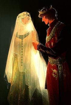 a painting of two people dressed in wedding attire, one holding the other's hand