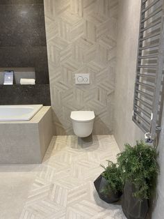 a bathroom with two planters and a toilet