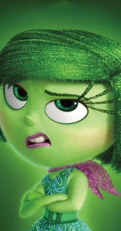 an animated character with green hair and big eyes