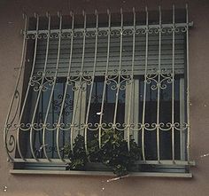 a window with iron bars on it and a potted plant in the window sill