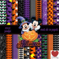 mickey and minnie mouse halloween digital paper pack with pumpkins, jack - o'- lantern