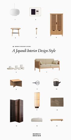 the japanese interior design style guide is shown in this image, including furniture and accessories