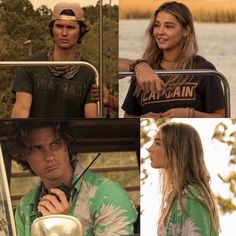 four different pictures of people with long hair and one man in green shirt holding a hat