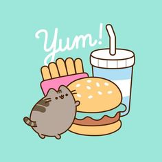 a cat is standing next to a hamburger and french fries with a drink in the background